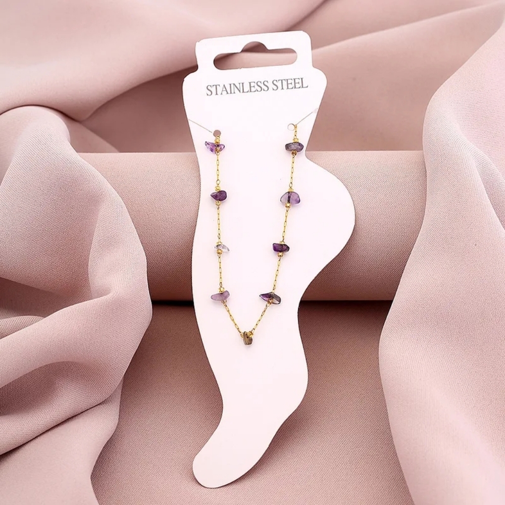 Minimalist Purple Dainty Stones 18K Gold Plated Anklet - Picture 15 of 15